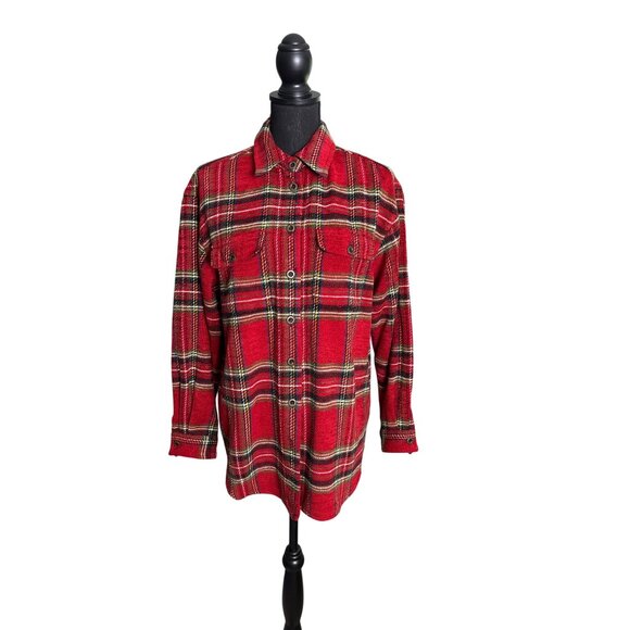 Vintage Women's Red Plaid Chenille Button-Down Shirt with Pockets Size L - Picture 1 of 14